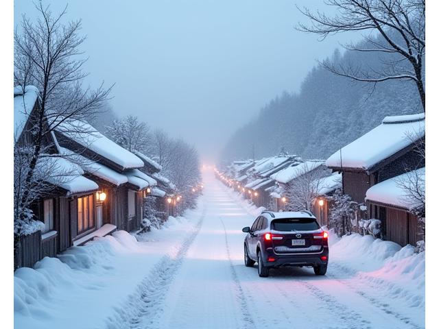 雪景色の合掌造り集落と車